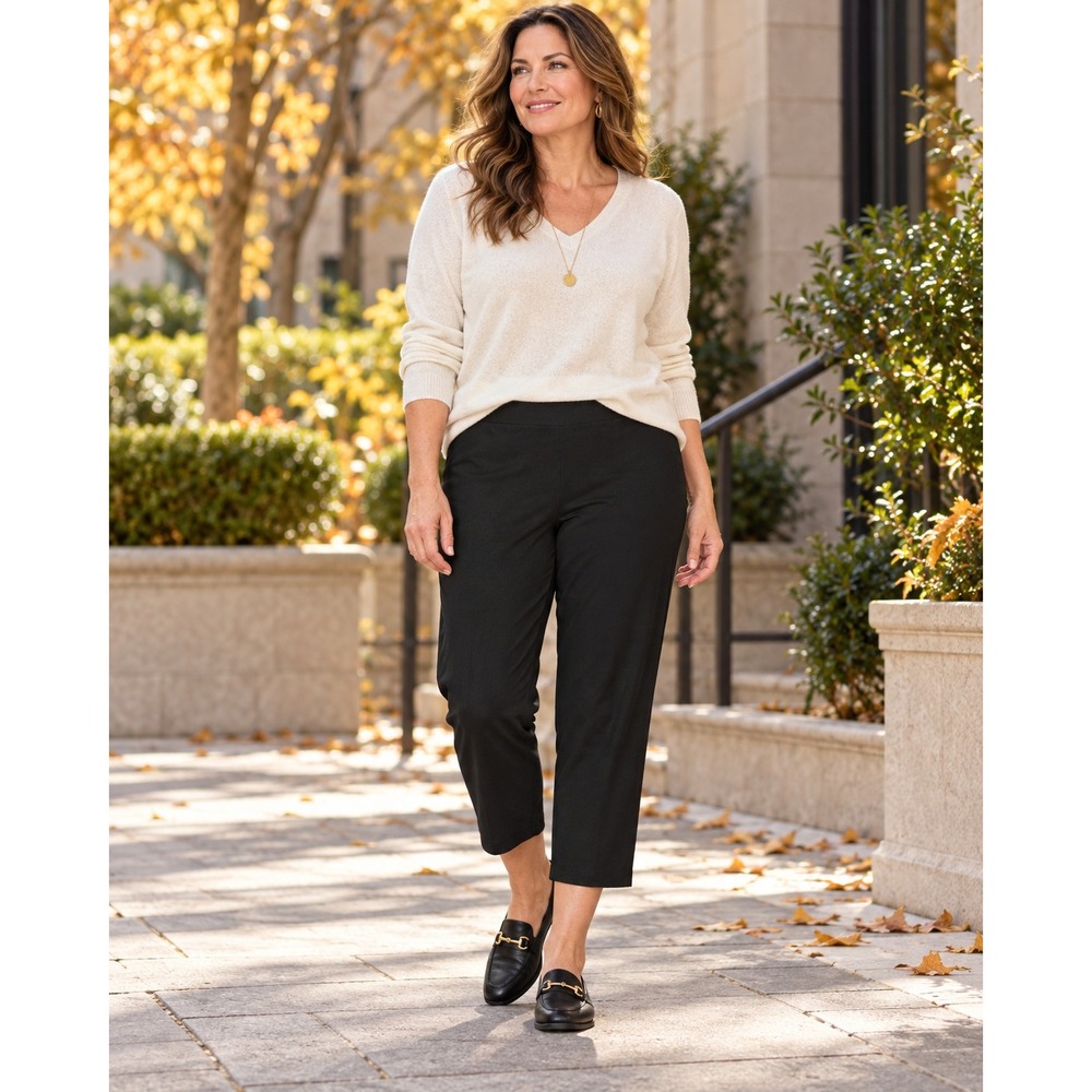 Eileen Fisher Cropped Pants Womens L Black Wide Leg Stretch Knit Viscose